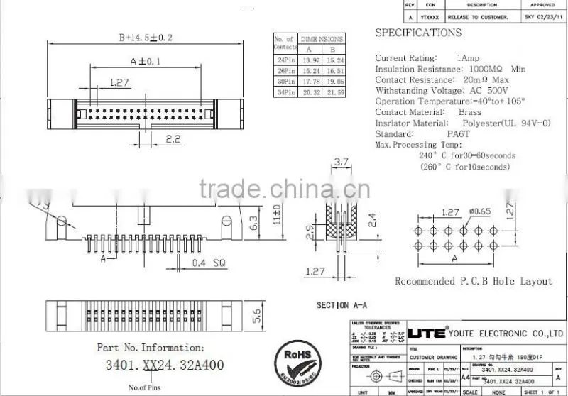 Molex box connector 2.54mm with 20pin 180Degree