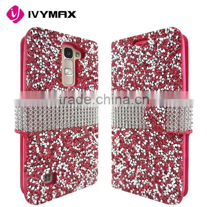 Wholesale Glittery Folio Pouch Credit Card Slot Cover Phone Case for LG K7 Tribute 5 Rhinestone Diamond case for girl