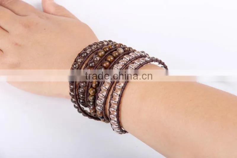 Hand-woven brown stone bracelet bangle fashion bracelet jewley multilayer wrap bracelet women white crystal leather bracelet