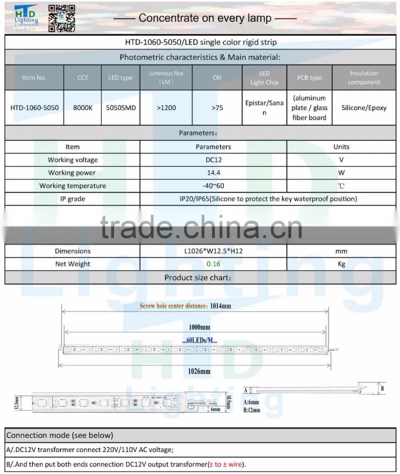 2016 China factory SMD5050 DC12V WW/CW/RGB rigid led strip led light bar