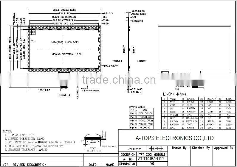 high brightness 1100cd/m2 10.1" 1024*600 TFT LCD Display