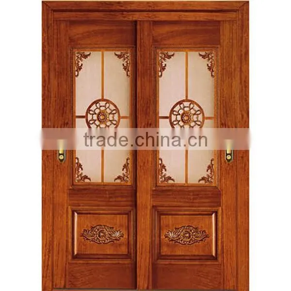 Elegant Internal Sliding Carved Wood Double Door with Glass Inserted BF11-0516b