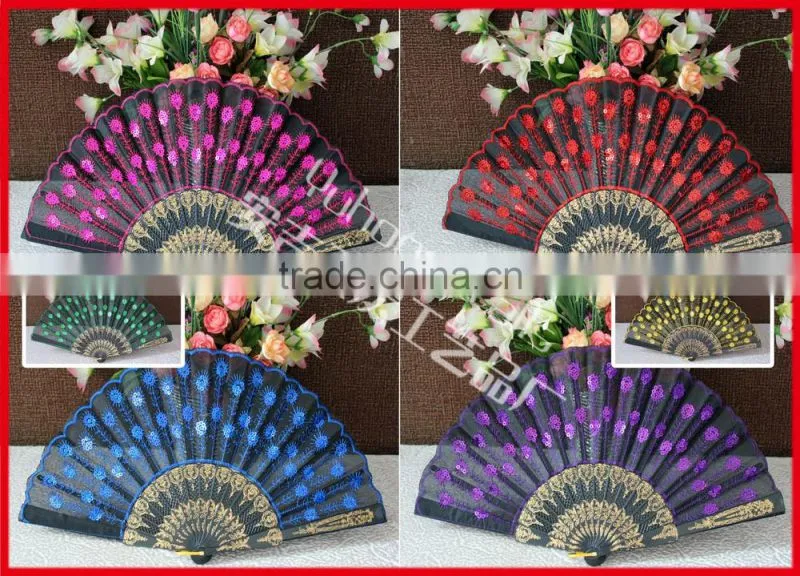 Plastic lace hand fan with embroidery peacock design