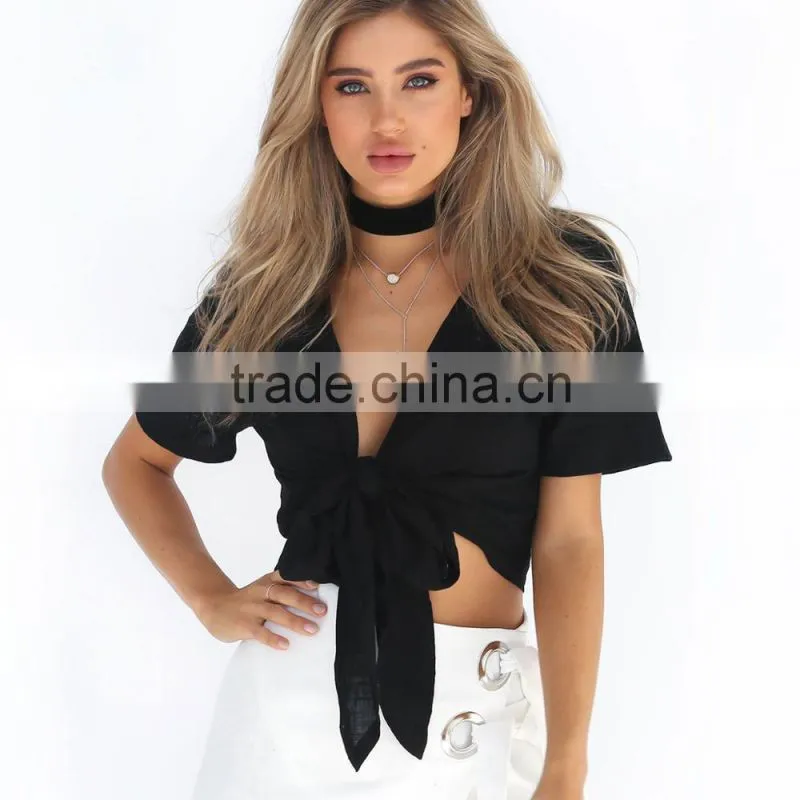 Latest Design Sexy Deep V Neck Crop Tops Short Sleeve Blouse 2017
