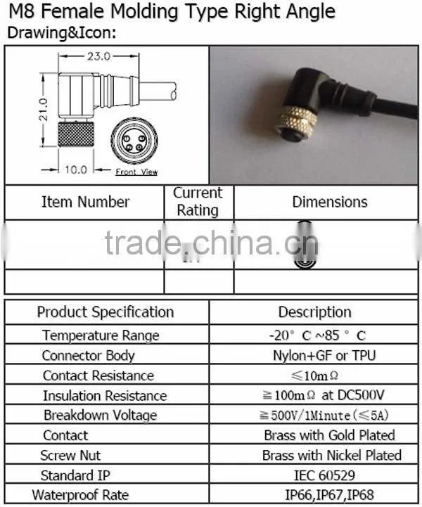 M8 Female Molding Type Right Angle Waterproof Connector