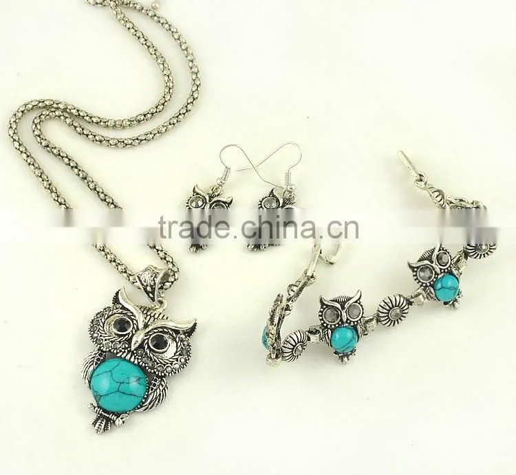 Top Green Red Blue Turquoise CZ Owl Necklace Bracelet Earrings Vintage Silver Jewelry Set