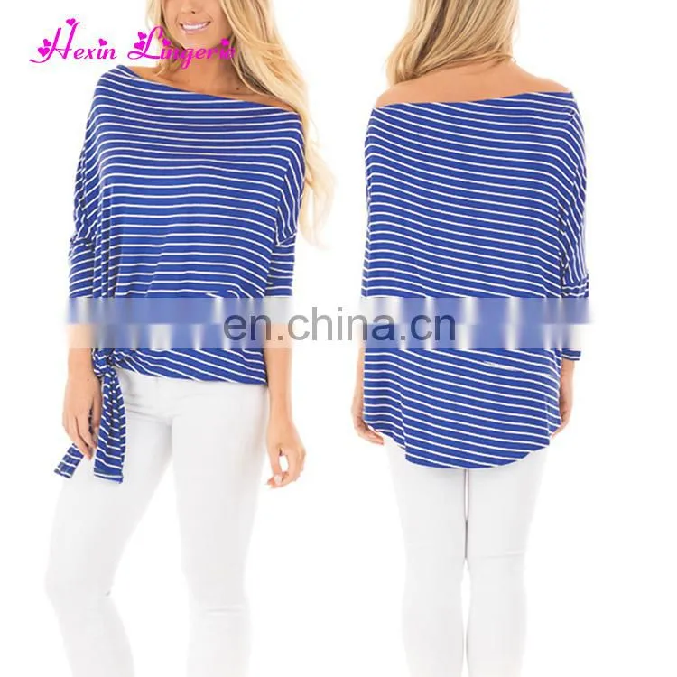 Private Label blue Striped long sleeves tops tshirt women casual blouse designs