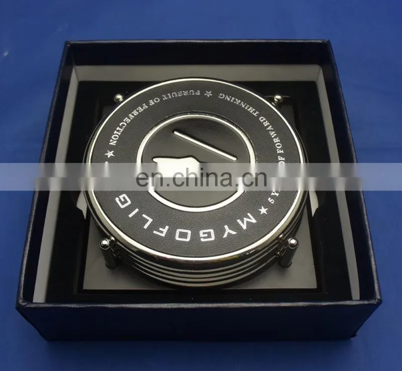zinc alloy metal base coaster metal embossed logo center coaster leather around the coaster