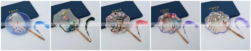 Chinese style multi-pattern silk embroidery handmade fan with wooden handle and tassel pendant