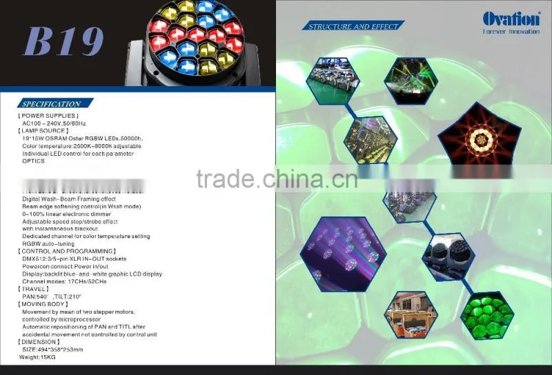 B19 290W moving head Led wash light RGBW 4IN1 Leds 19*15W Pan:540 degree Tilt:270 degree