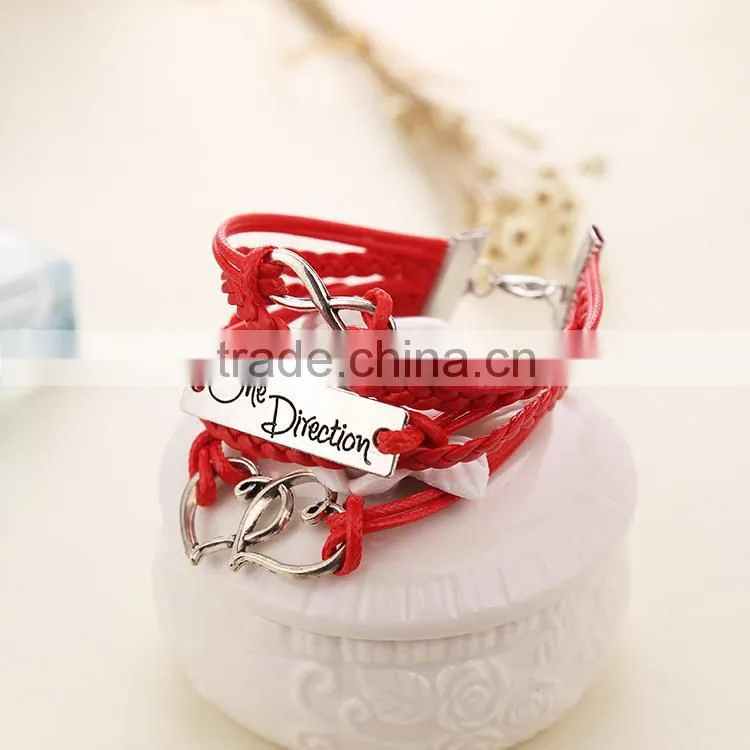 2015 latest fashion heart charms red braid leather wrap bracelet for women
