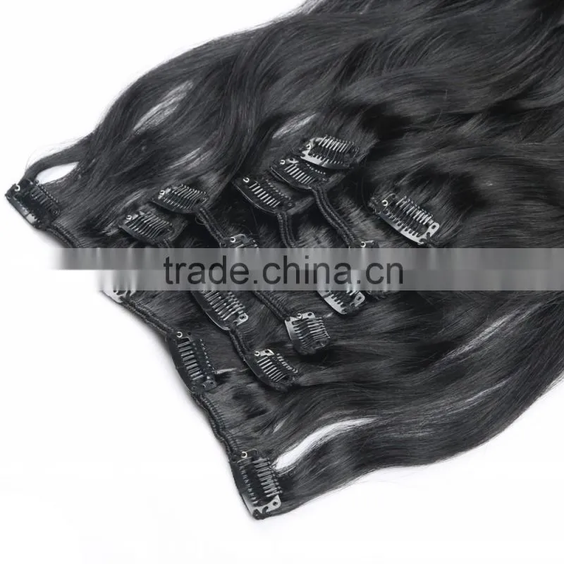 Natural black wavy Brazilian human hair extensions clip ins 7 pieces