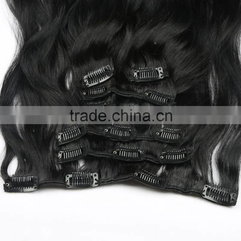 Natural black wavy Brazilian human hair extensions clip ins 7 pieces