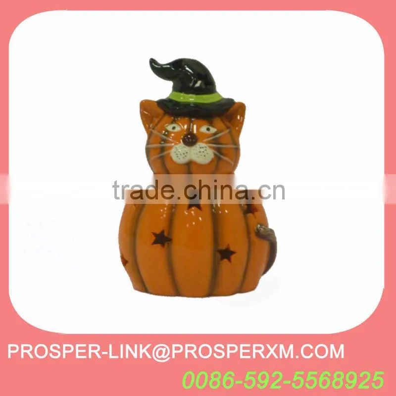Ceramic pumpkin candle holder with hat