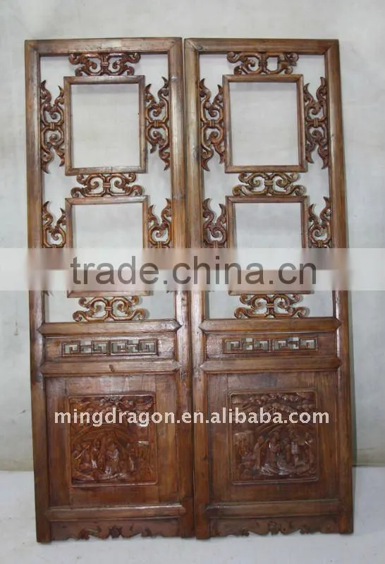 Antique Chinese Head Carved Wood Window Pane Blossom Panel Shutter