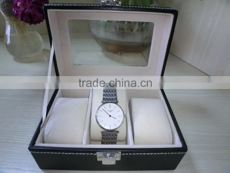 luxury black leather shadow window lid watch box gift box lint lock front black jewelry leather box