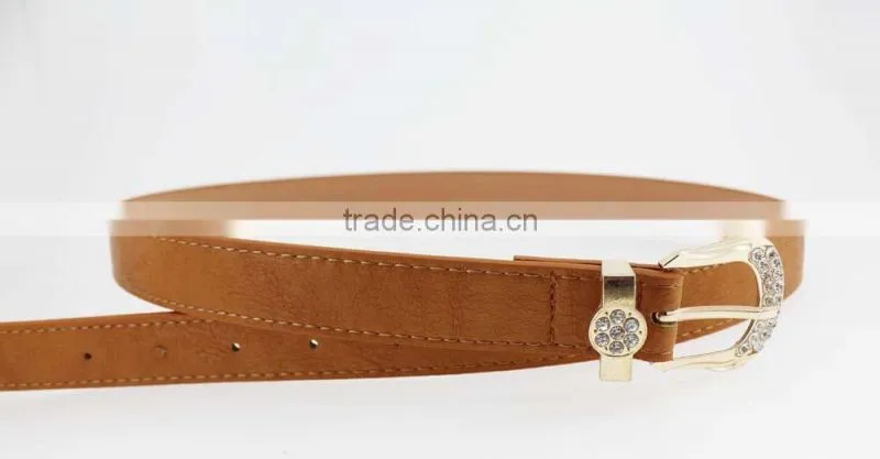 Women's Plain brown PU leather belt with rhinestone buckle