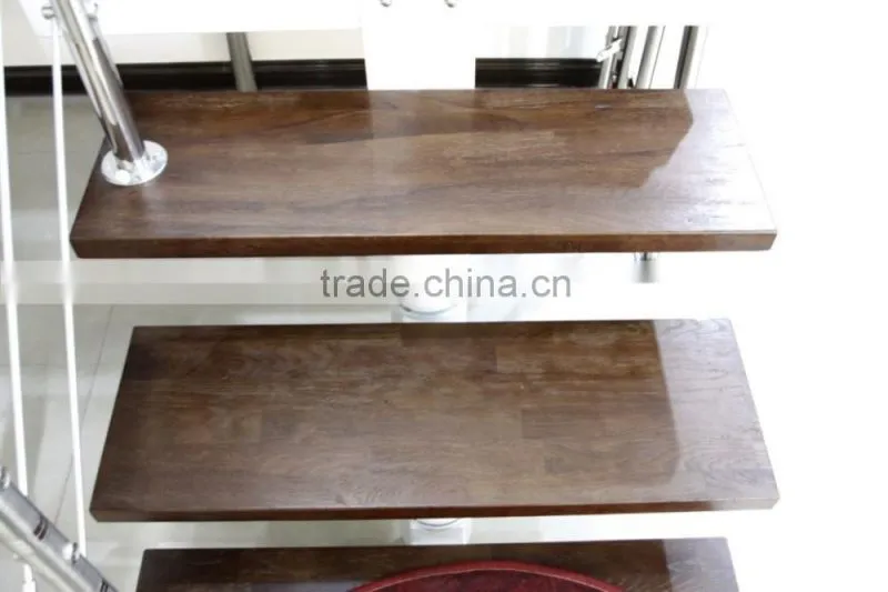 indoor stainless steel wood straight stairs with glass tread