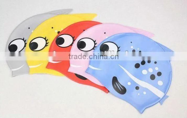 color silkscreen printing cartoon goldfish silicone swimming caps for children