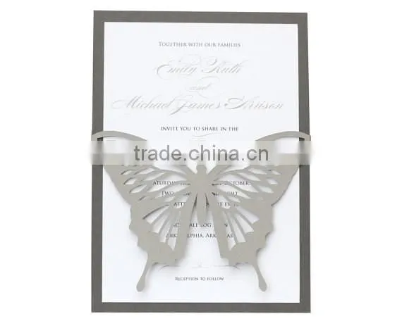 Butterfly Wedding Invitations - shimmer silver, slate gray, black and white, neutral, pearl shimmer, laser cut invitations