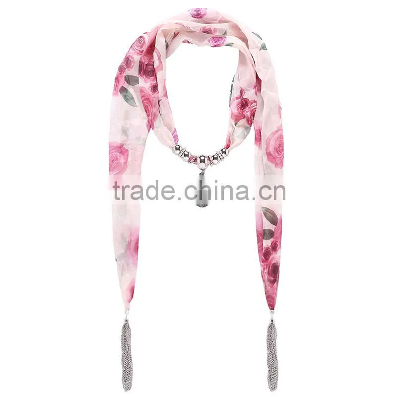 Shabby Chiffon Scarf necklace decorated with pearl beaded ornaments chain