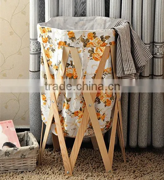 High quality round home foldable laundry storage basket with wood