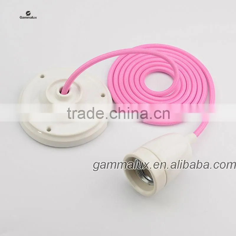 Hot Sale E27 Lamp Holder,Porcelain Ceiling Rose Lamp Holder with Color Textile Cord