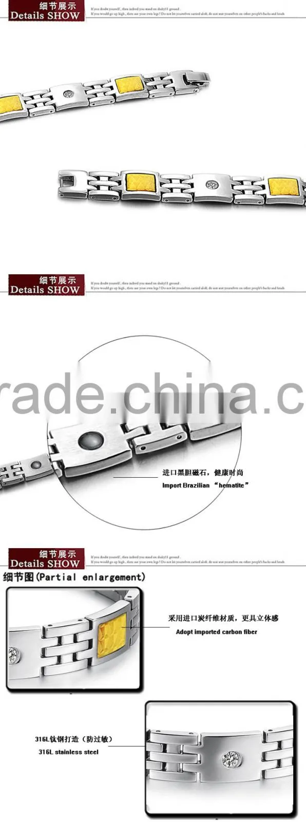 KSTONE 316L Stainless Steel bio energy magnetic crystal yellow carbon fiber bracelet for Couple