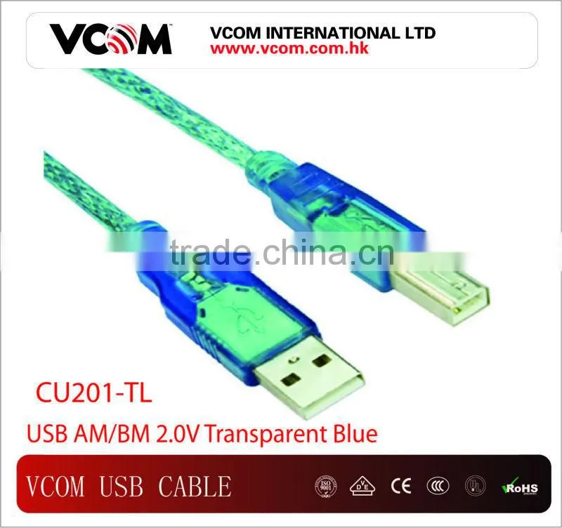 High Speed Top 2.0V Transparant USB Cable USB AM/BM + Ferrite 2.0V Transparant Blue