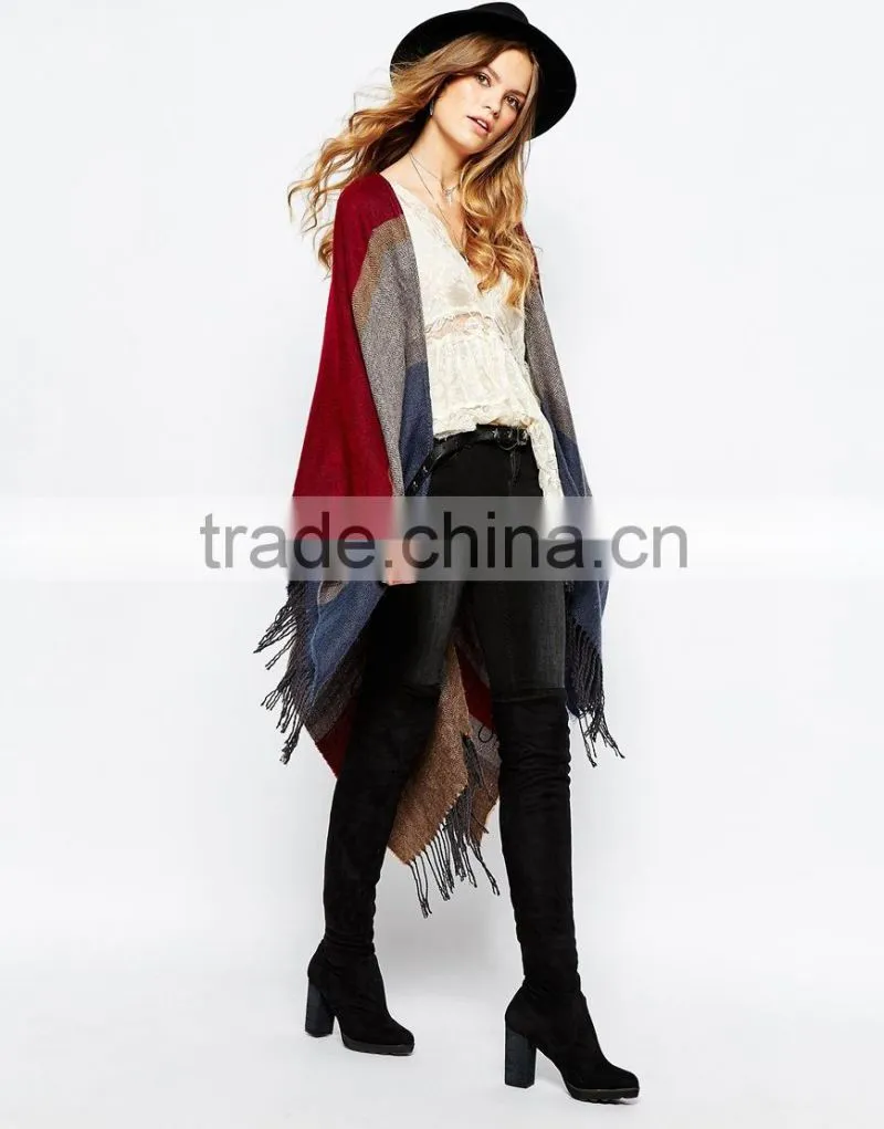 elegant Striped design poncho with fringe western women tassel trim Poncho