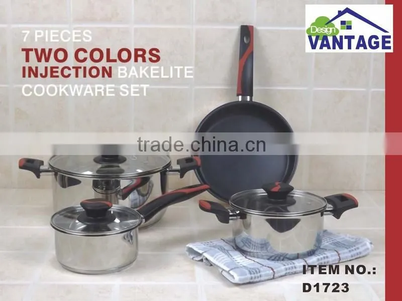 modern kitchen designs 7PCS stainless steel cookware set with two colors injection bakelite handle non-stick cookware
