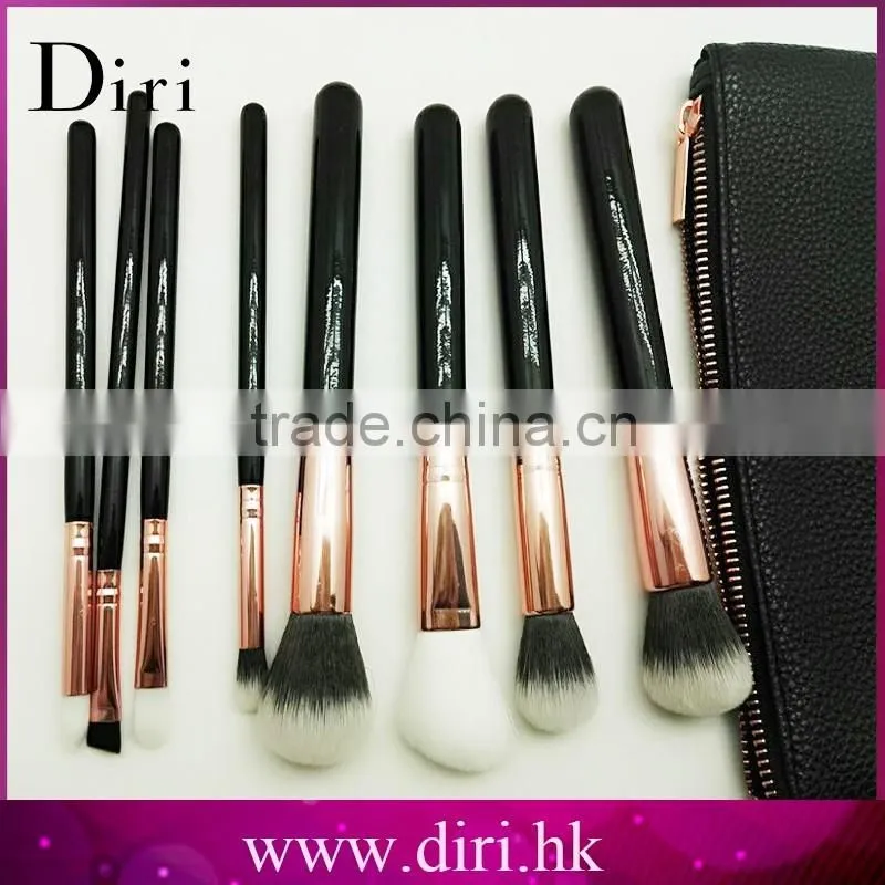Black leather professional Synthetic Hair makeup brush set 8pcs