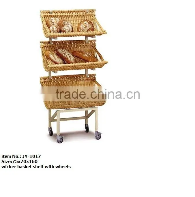 Storage bench with wicker baskets with 4 wheels