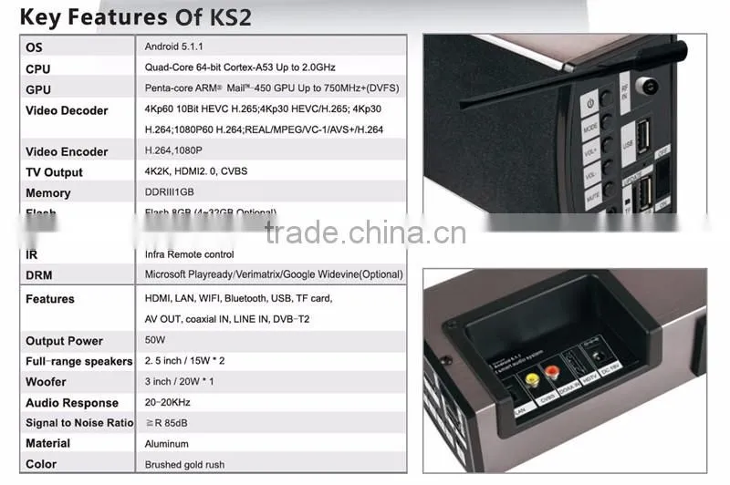 Wholesale KS2 Soundbar Google Android 5.1.1 Smart TV Box With The Speaker Amlogic S905 Tv Box