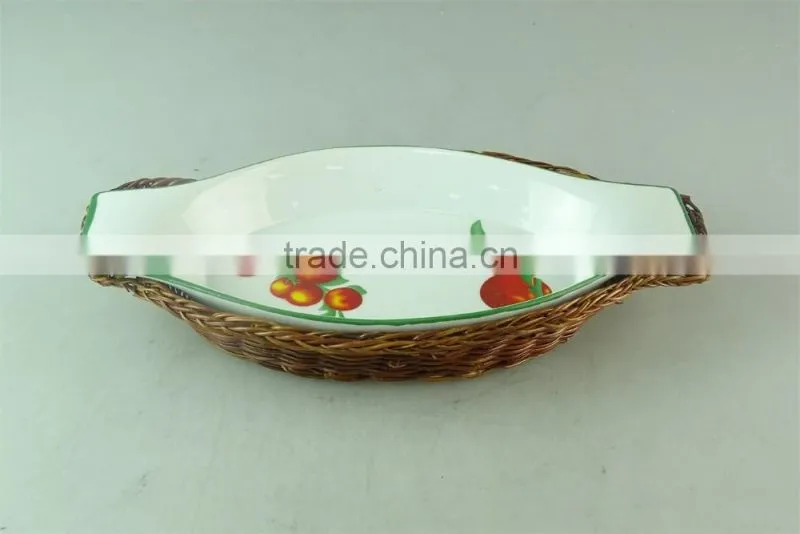 decal ceramic oval shape ceramic bakeware bake plate with basket mat for decoration and heat protection in stock