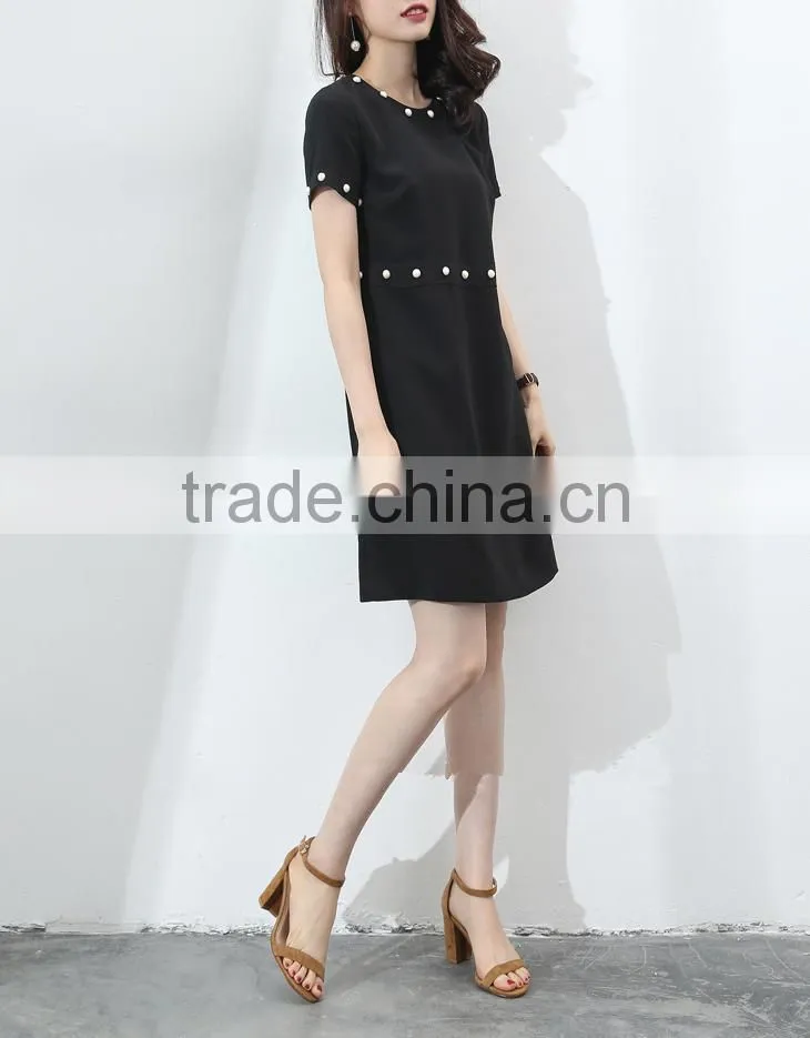 guangzhou oem clothing white pearl embellishment dresses short sleeve black slim dress