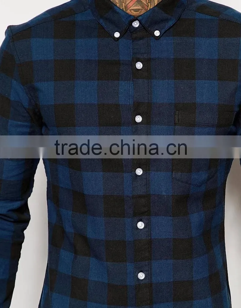 Man Skinny Shirt in Navy Buffalo Check with Long Sleeves