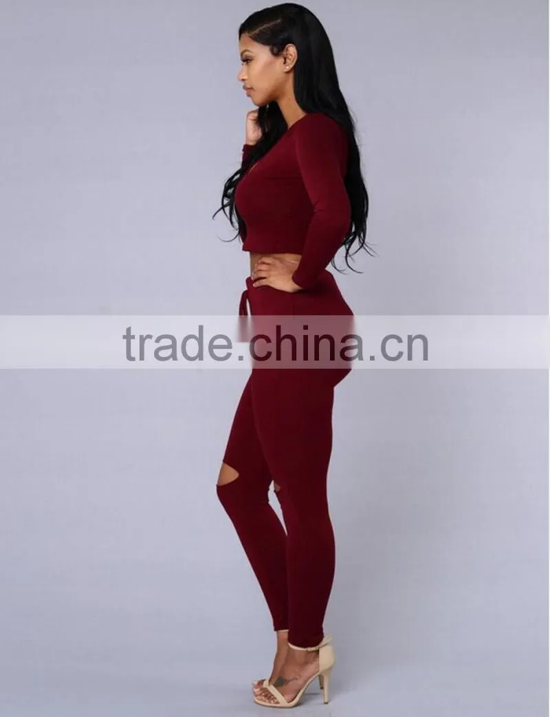 2016 New Women's Hole Crop Top Hoodie Set ,Christmas sweater ,2Pcs Plain Tracksuit Woman Active Hoodies Sweatshirt Tracksuits