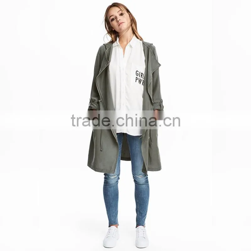 Hooded parka diagonal zip drawstring waist womens long warm jackets