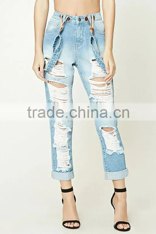 Stylish Women's Sex Distressed Suspender Jeans / New Style Fashion Women Jeans T1703032