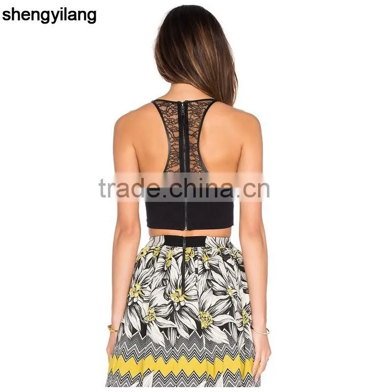ladies sleeveless black leather super short tight fitted back lace and zipper tank top/singlet