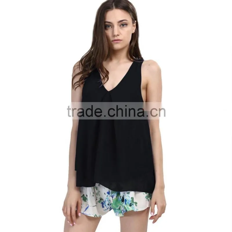 Fashion Summer Deep V Neck Chiffon Sleeveless Woman Blouse For Sale