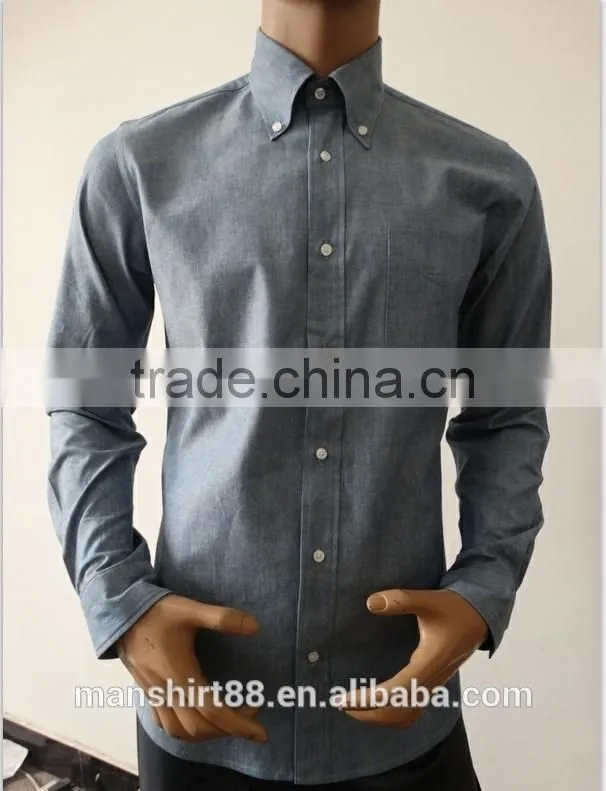 2016 100% cotton chambray fabric button down roll collar long sleeve washed denim dress shirt for men