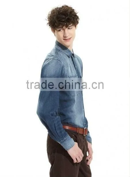 100% cotton dark blue washed cowboy long sleeve casual shirts for men with two pockets