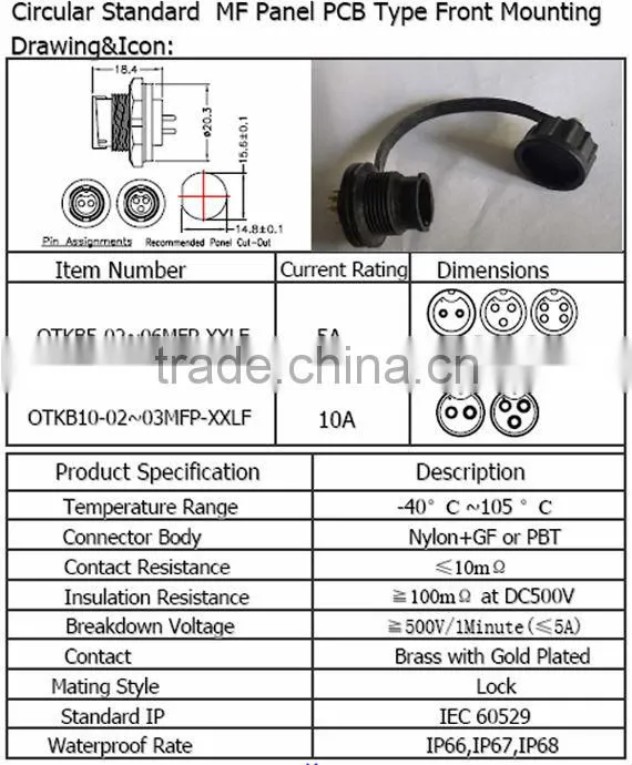 Circular standard MF panel PCB type front mounting Waterproof Connector