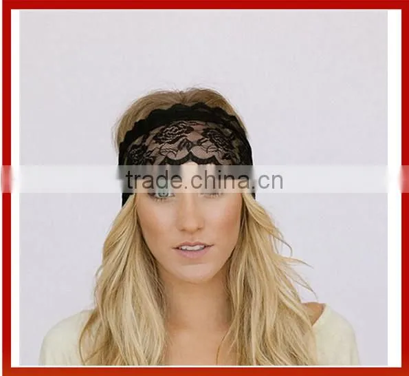 Hot selling Bohemia Stretchy Lace Pattern Headband Wide Headband With Tapered Cut and Scalloped Border/New Headband With Beads