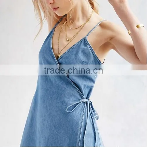 Apparel Denim Sexy Blue Plunge Neck Dress Spaghetti Strap Sashes Wrap Dresses Backless Sleeveless Street A-line Dress