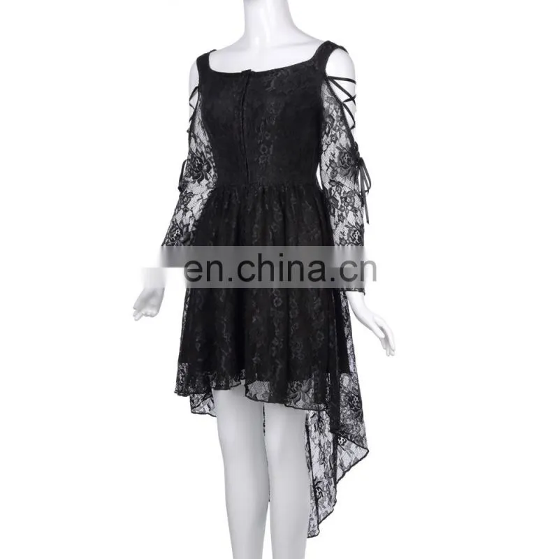 Belle Poque Retro Vintage Gothic Victorian Long Sleeve High-Low Black Lace Dress BP000350-1
