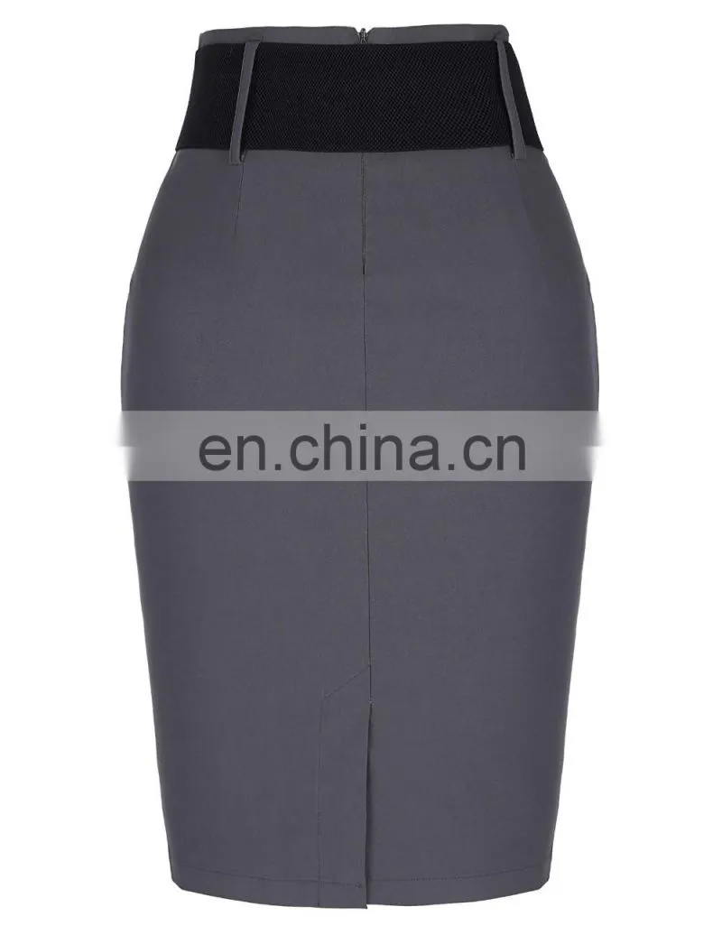 Kate Kasin Women's Shirred Detail High Stretchy Pencil Skirt In Grey Color KK000271-2