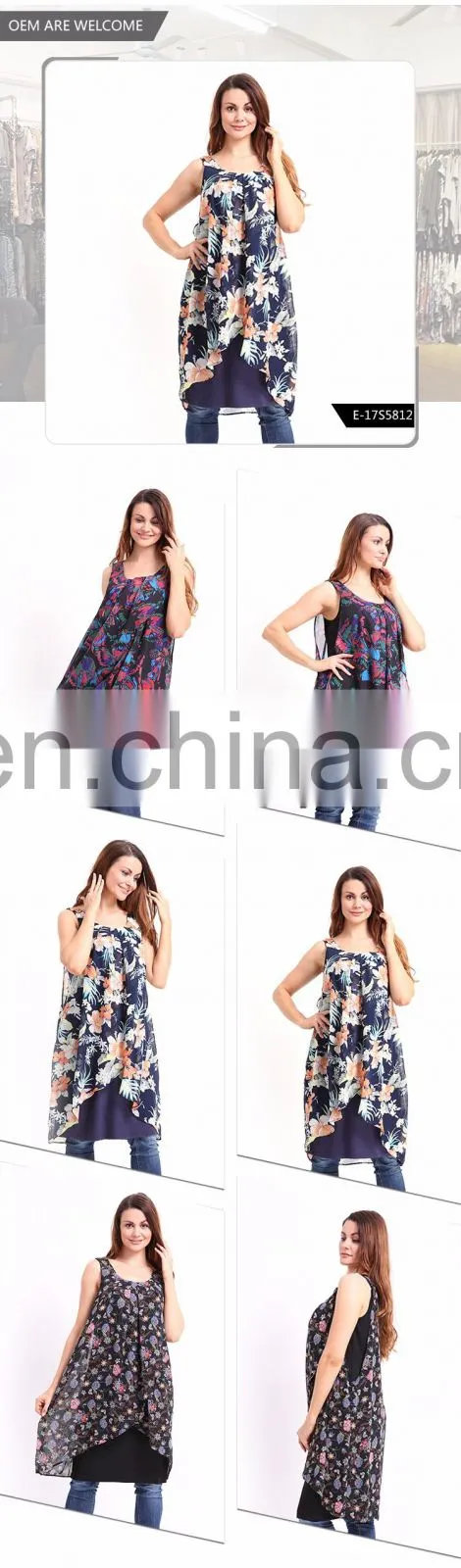 Sleeveless Flower Print Ladies Modern New Pleated Dress